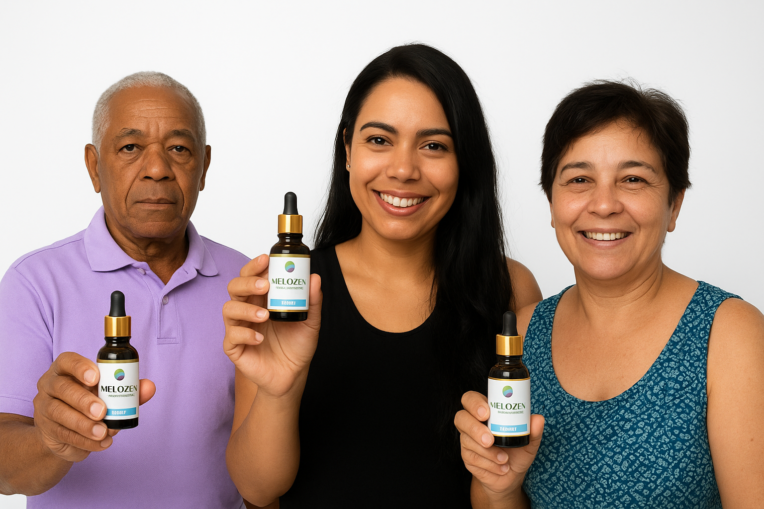 Pessoas segurando frascos de suplemento Melozen